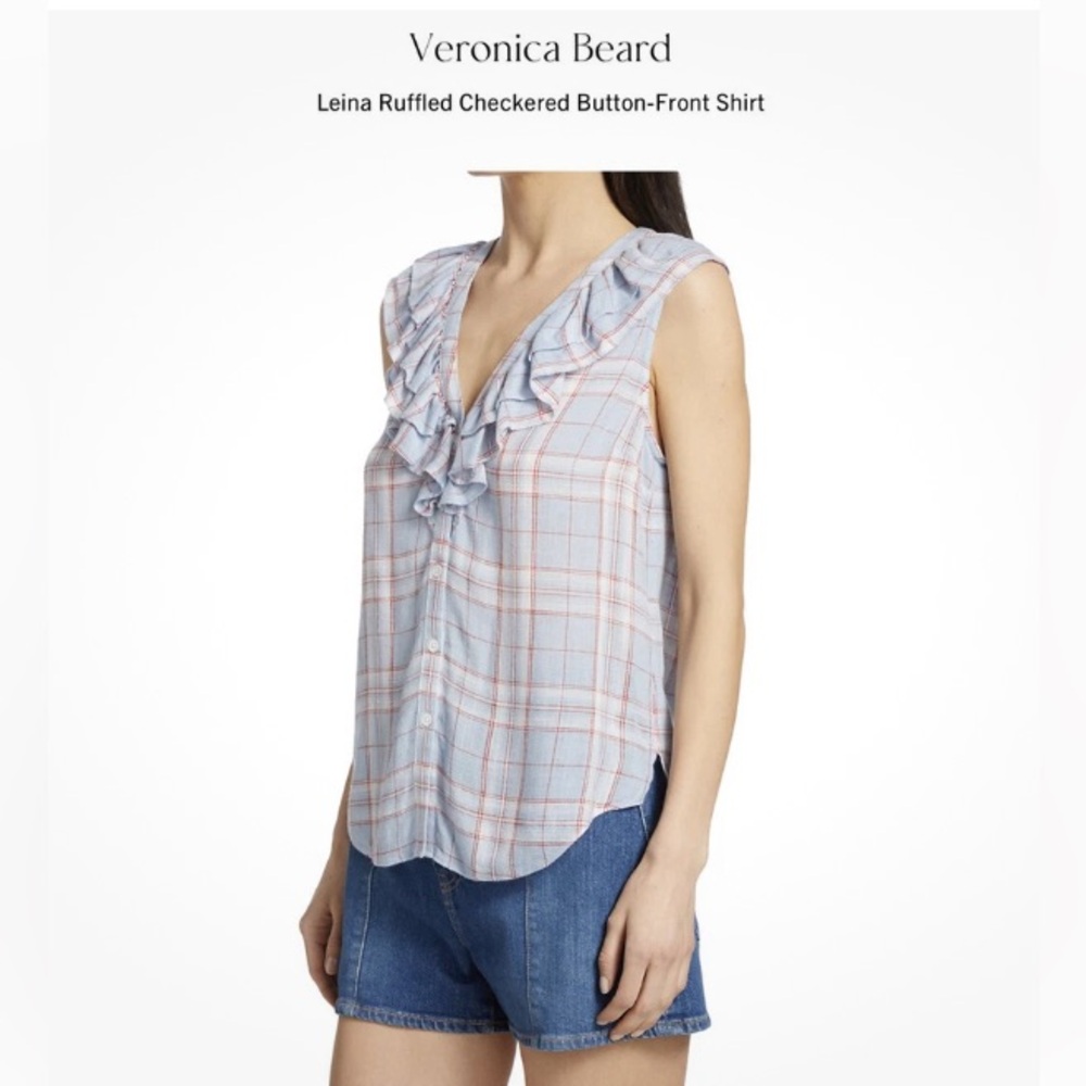 VERONICA BEARD Jeans Leina Checkered Ruffle‎ sleeveless Button Front Shirt. M
